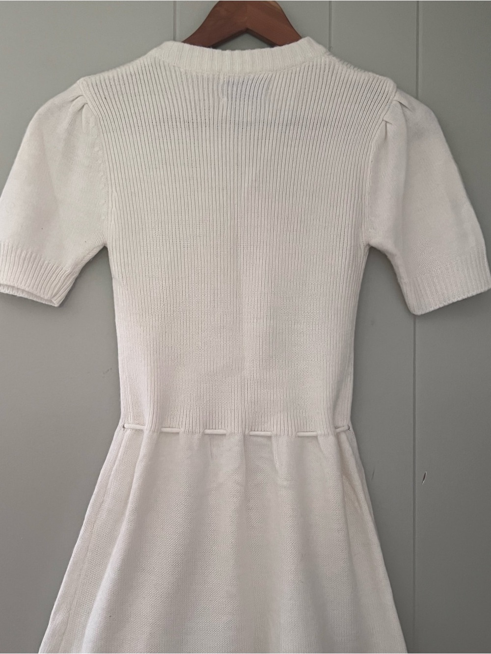 Vintage 70s White Knit Mini Dress Button Front Puff Sleeve Retro Cottagecore S - Picture 6 of 12